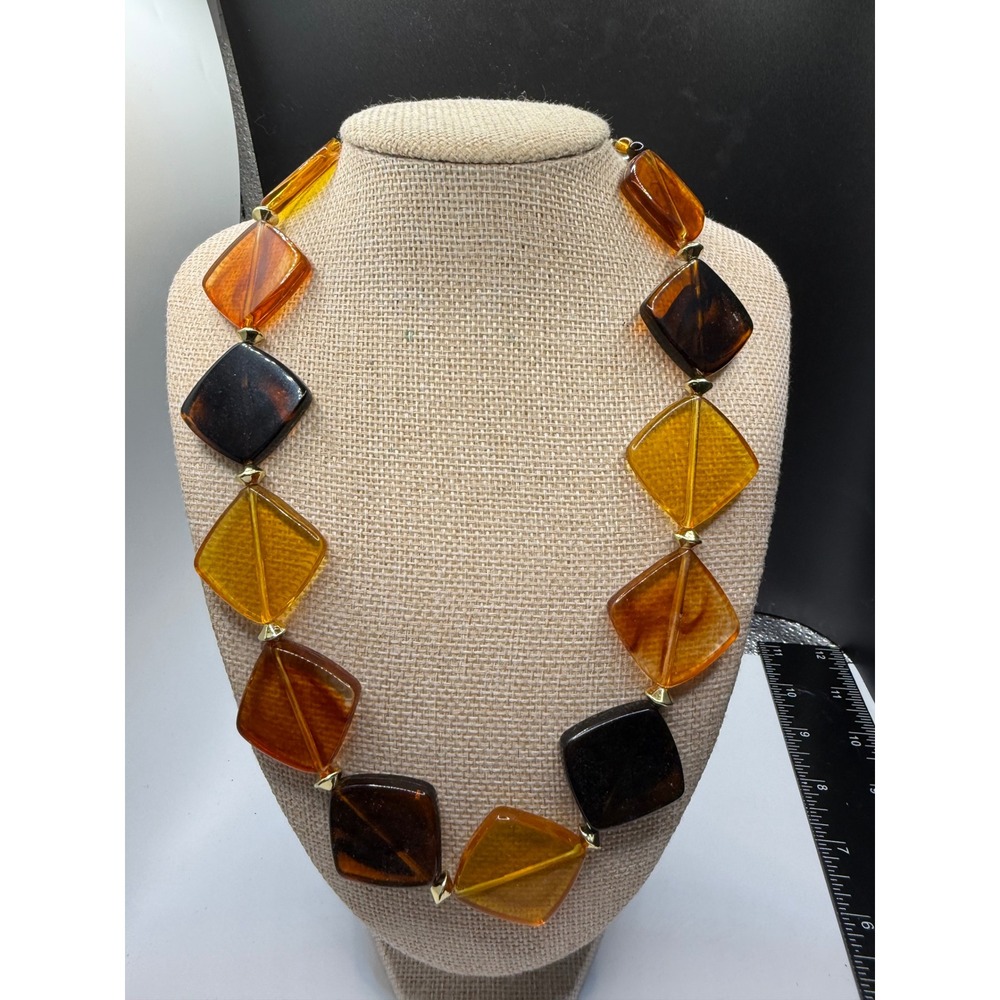 Amber Tortoise Resin Diamond Bead Statement Necklace Chunky Gold Tone 20-22 Inch